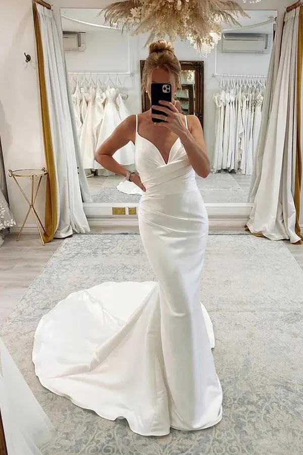 Satin Mermaid Spaghetti Straps Pleated Wedding Dresses, Bridal Gown, MW896