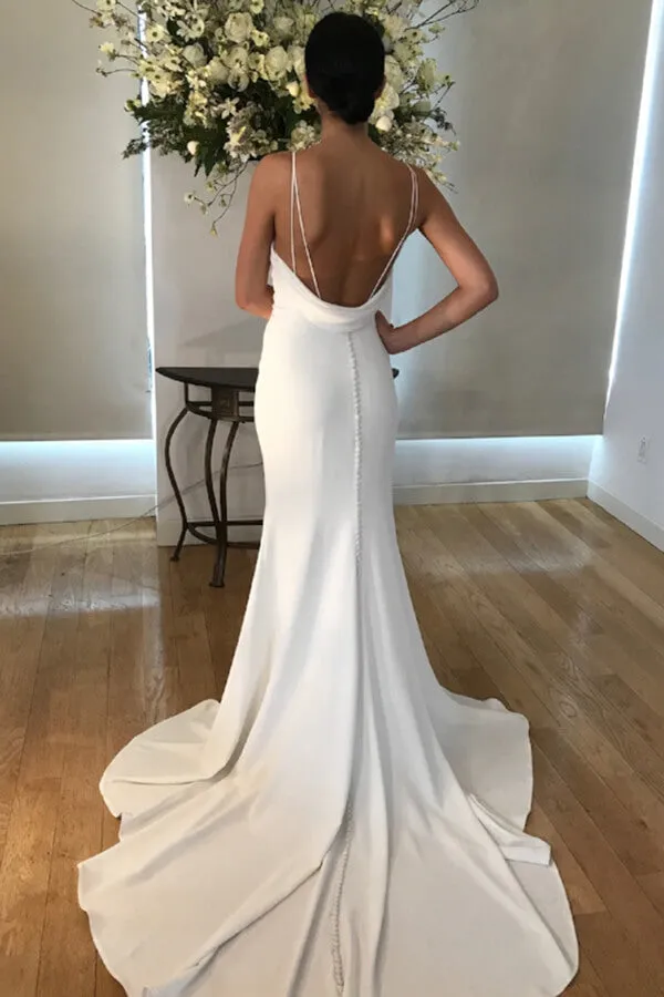 Satin Mermaid Spaghetti Straps V-neck Wedding Dresses with Train, MW670