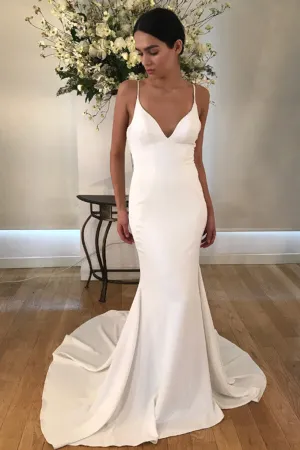 Satin Mermaid Spaghetti Straps V-neck Wedding Dresses with Train, MW670