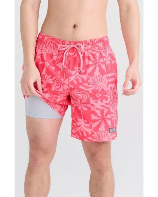 Saxx Mens Oh Buoy Stretch Volley 7" Swim Short - East Coast - Hibiscus