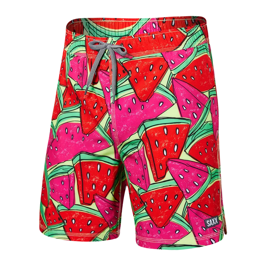 Saxx Mens Oh Buoy Stretch Volley 7" Swim Short - Mega Mega Melon - Red