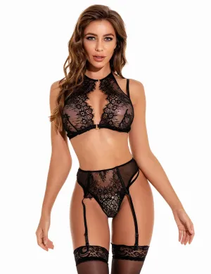 Sexy Egypt Hot Eyelash Black Lcae 3pcs Bra Panty Set