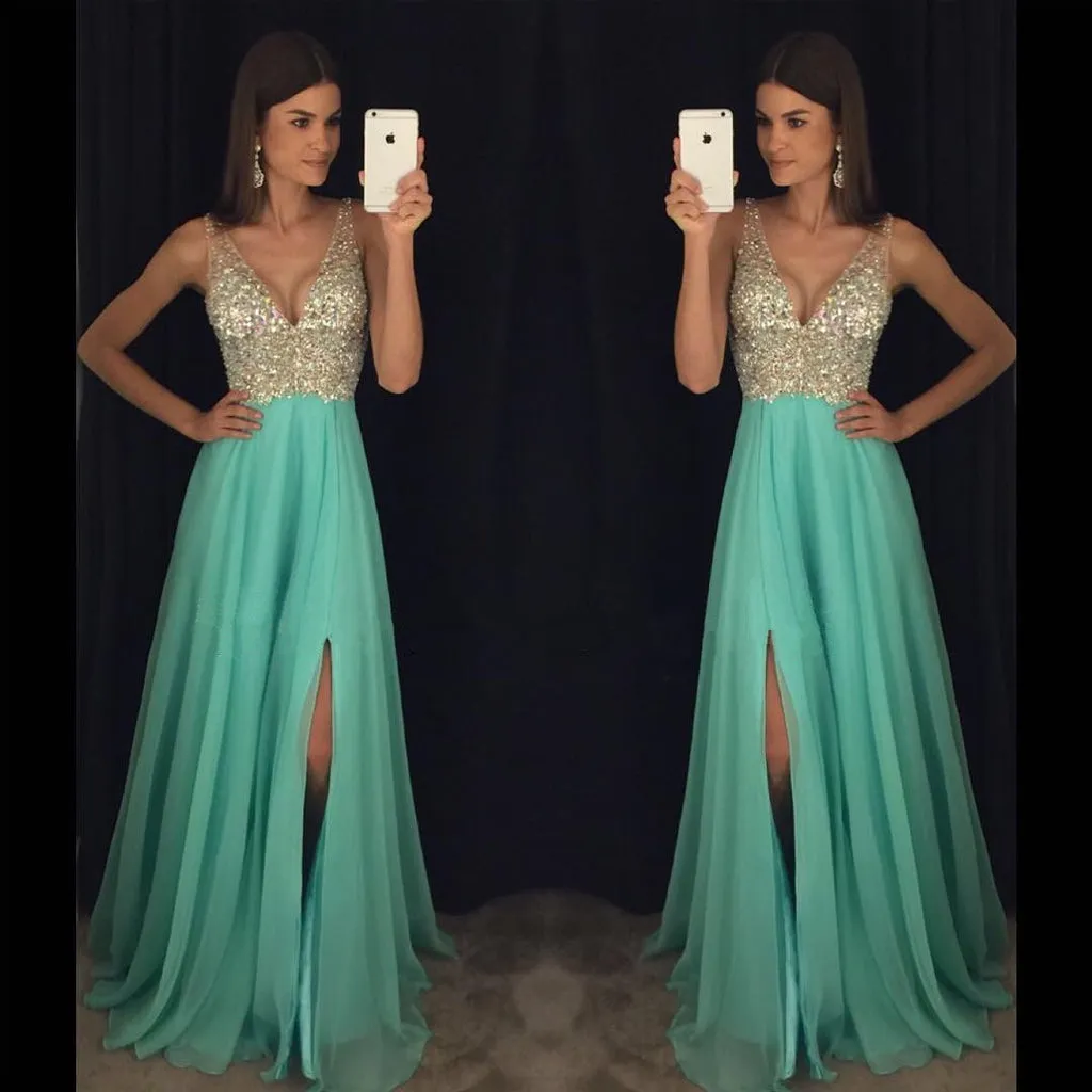 Sexy V-Neck Chiffon Prom Dress, A-Line V-Back Beaded Prom Dress, D159