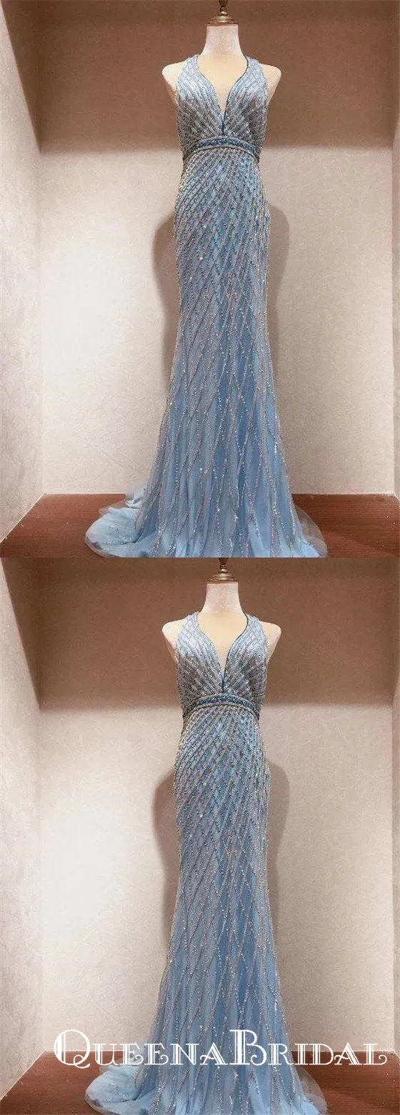Shining Deep V Neck Long Heavy Beaded Long Evening Prom Dresses, QB0619