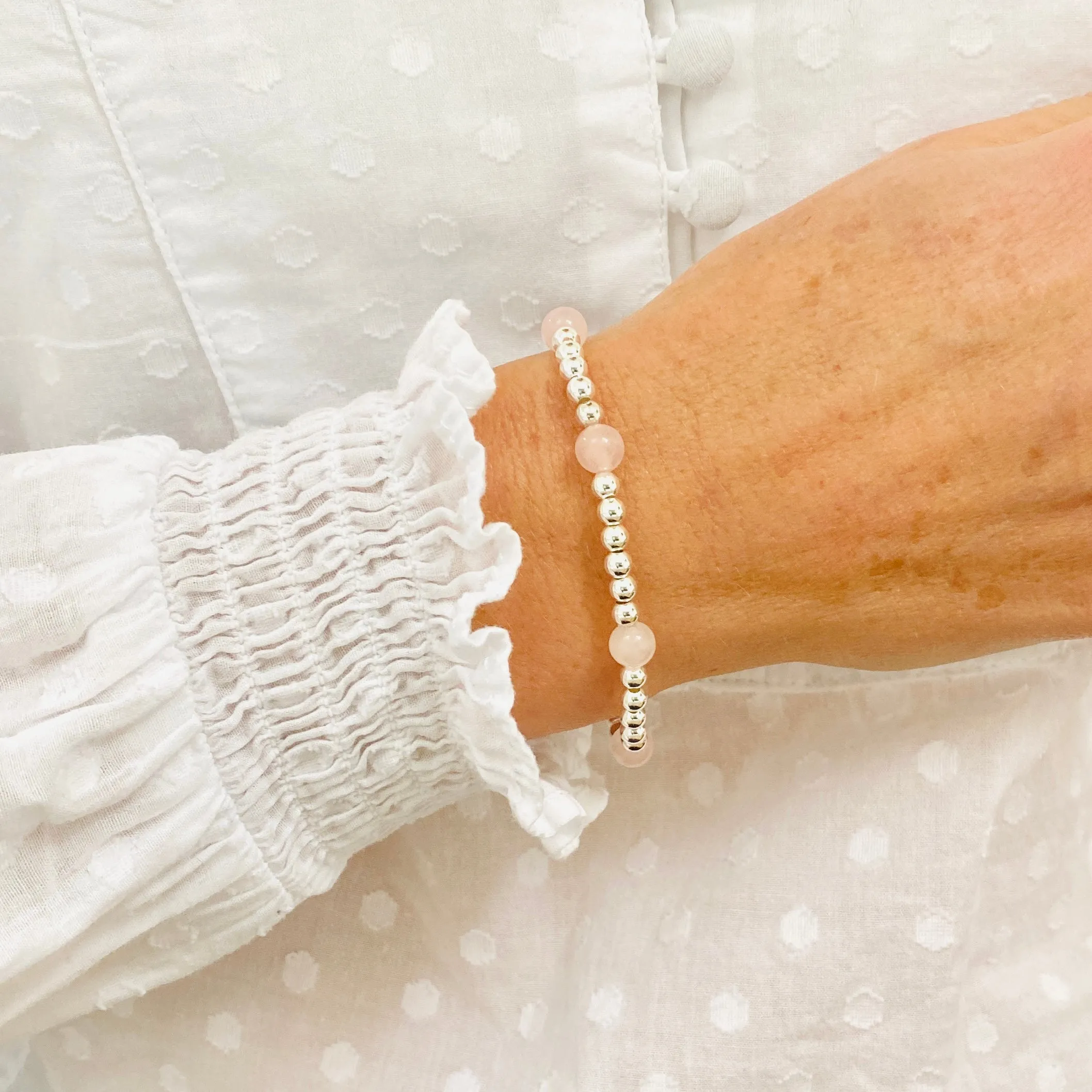 Silver Bead and Rose Quartz Gemstone Bracelet
