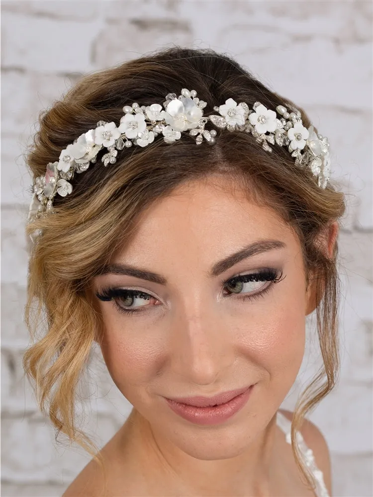 Silver Matte Floral Tiara Crown with Light Ivory Flowers & Freshwater Pearls