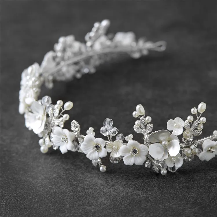 Silver Matte Floral Tiara Crown with Light Ivory Flowers & Freshwater Pearls