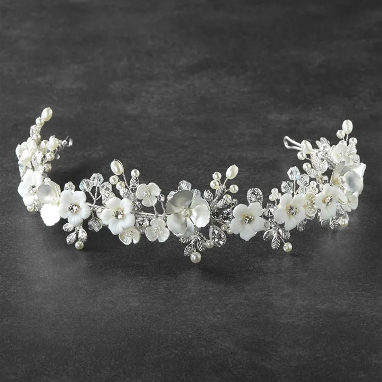 Silver Matte Floral Tiara Crown with Light Ivory Flowers & Freshwater Pearls