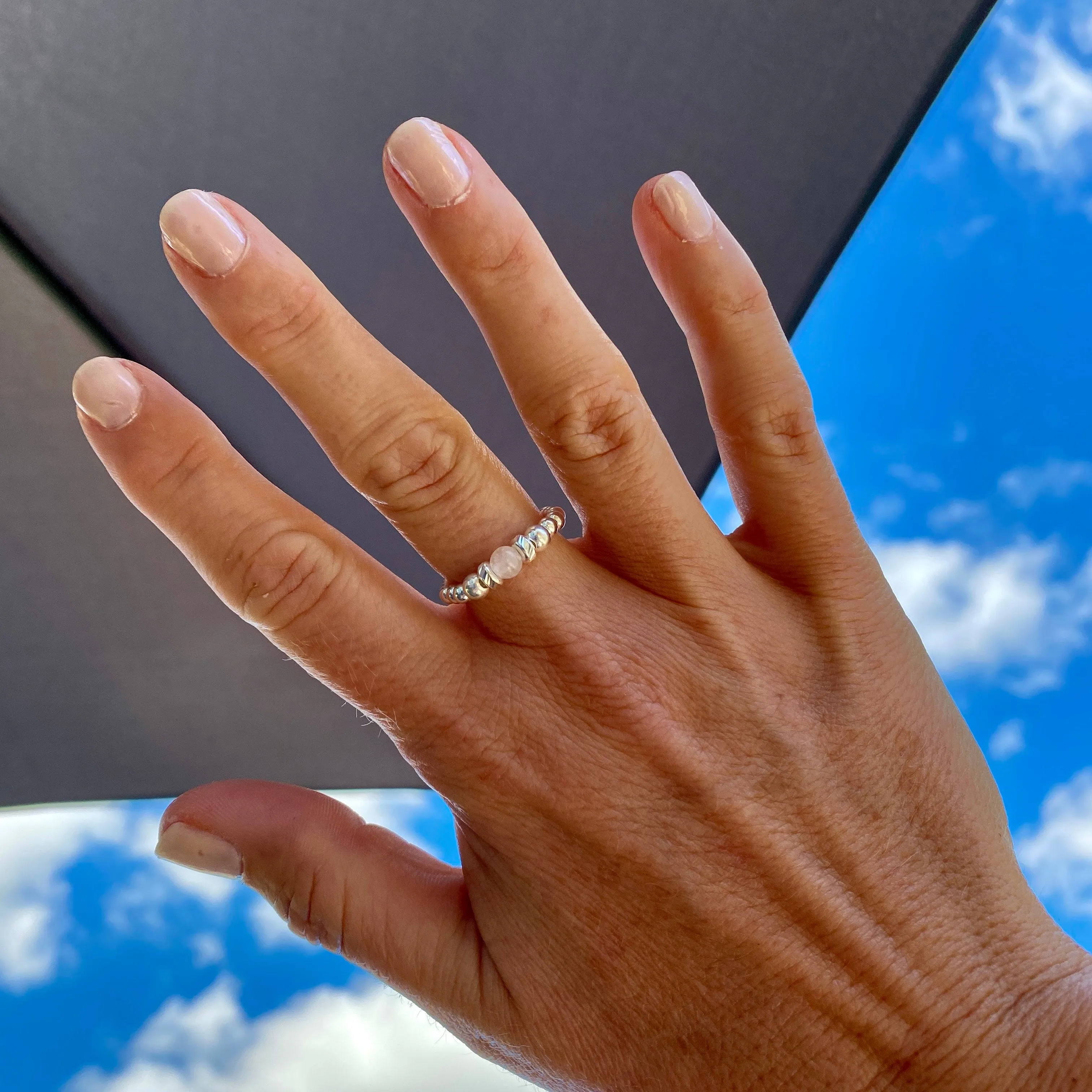 Silver Rose Quartz Gemstone Bead Ring