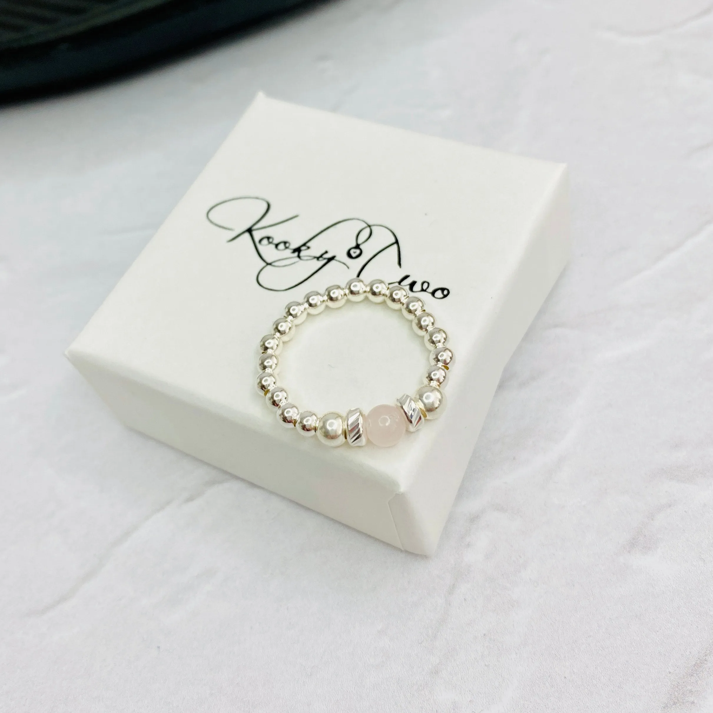 Silver Rose Quartz Gemstone Bead Ring
