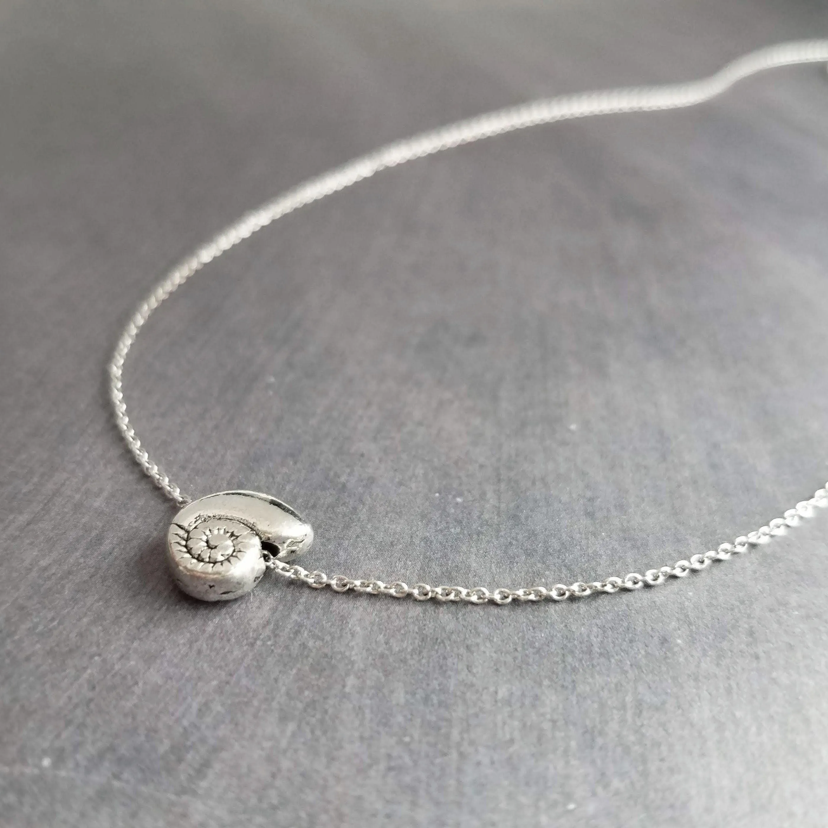 Silver Seashell Necklace, little spiral shell, nautilus necklace, snail shell pendant, silver shell charm, ocean necklace, beach jewelry