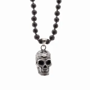 Silver Skull Pendant Black Lava Rock Stone Beaded Necklace