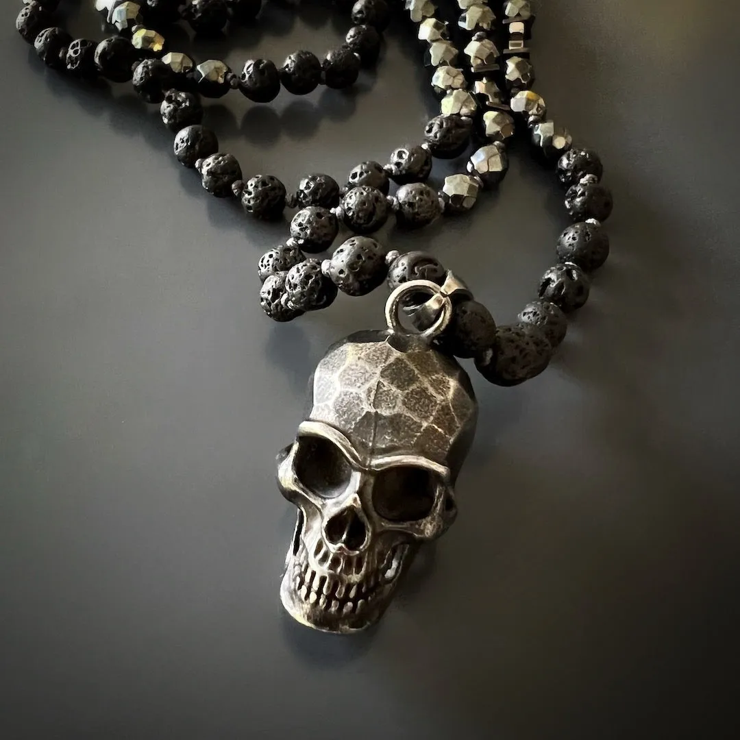 Silver Skull Pendant Black Lava Rock Stone Beaded Necklace