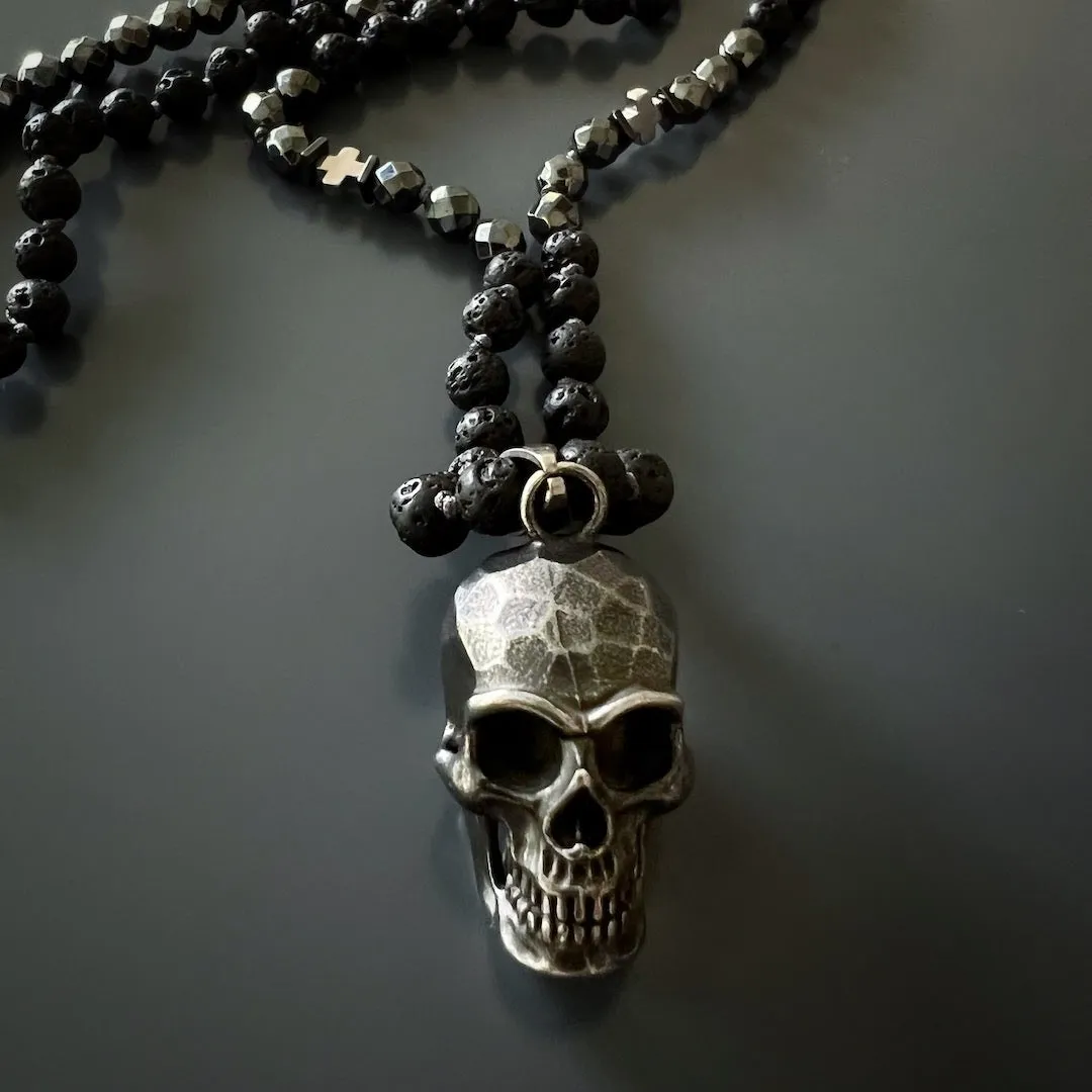 Silver Skull Pendant Black Lava Rock Stone Beaded Necklace