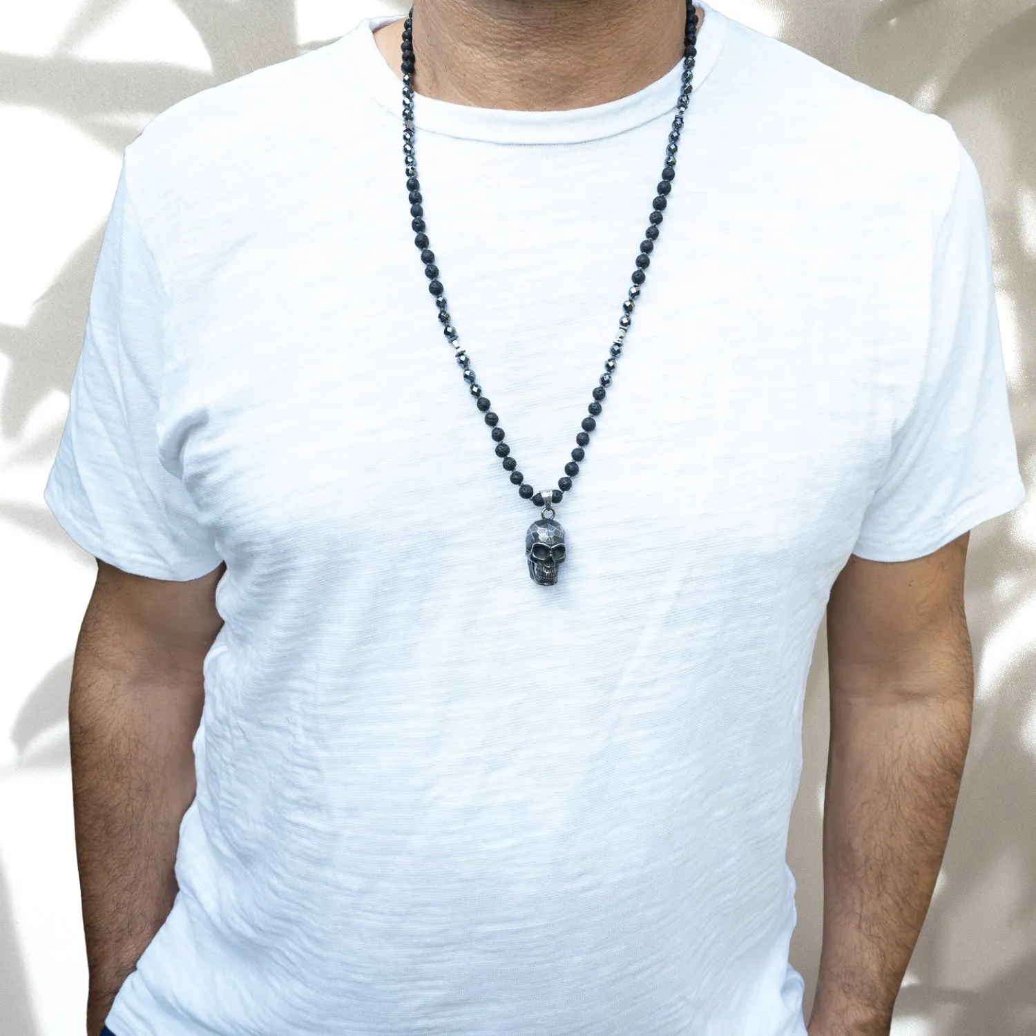 Silver Skull Pendant Black Lava Rock Stone Beaded Necklace