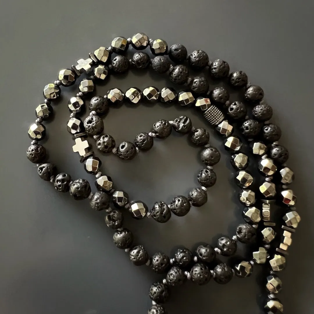 Silver Skull Pendant Black Lava Rock Stone Beaded Necklace