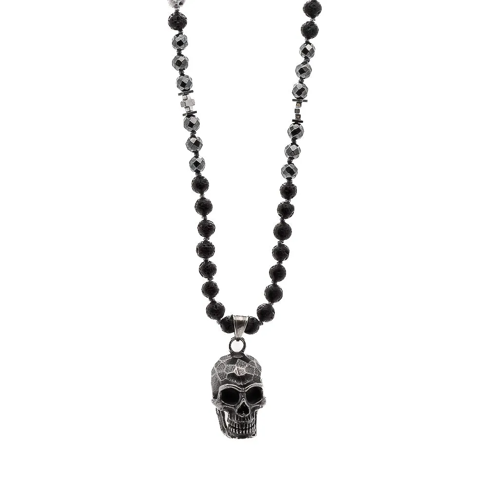 Silver Skull Pendant Black Lava Rock Stone Beaded Necklace