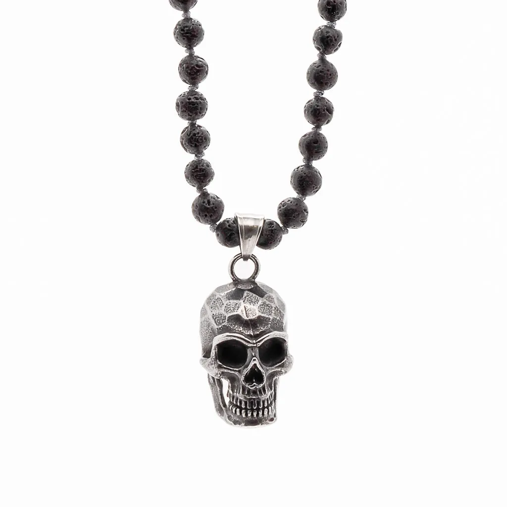 Silver Skull Pendant Black Lava Rock Stone Beaded Necklace