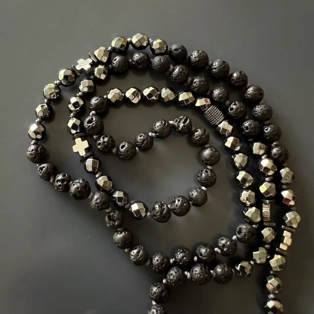 Silver Skull Pendant Black Lava Rock Stone Beaded Necklace