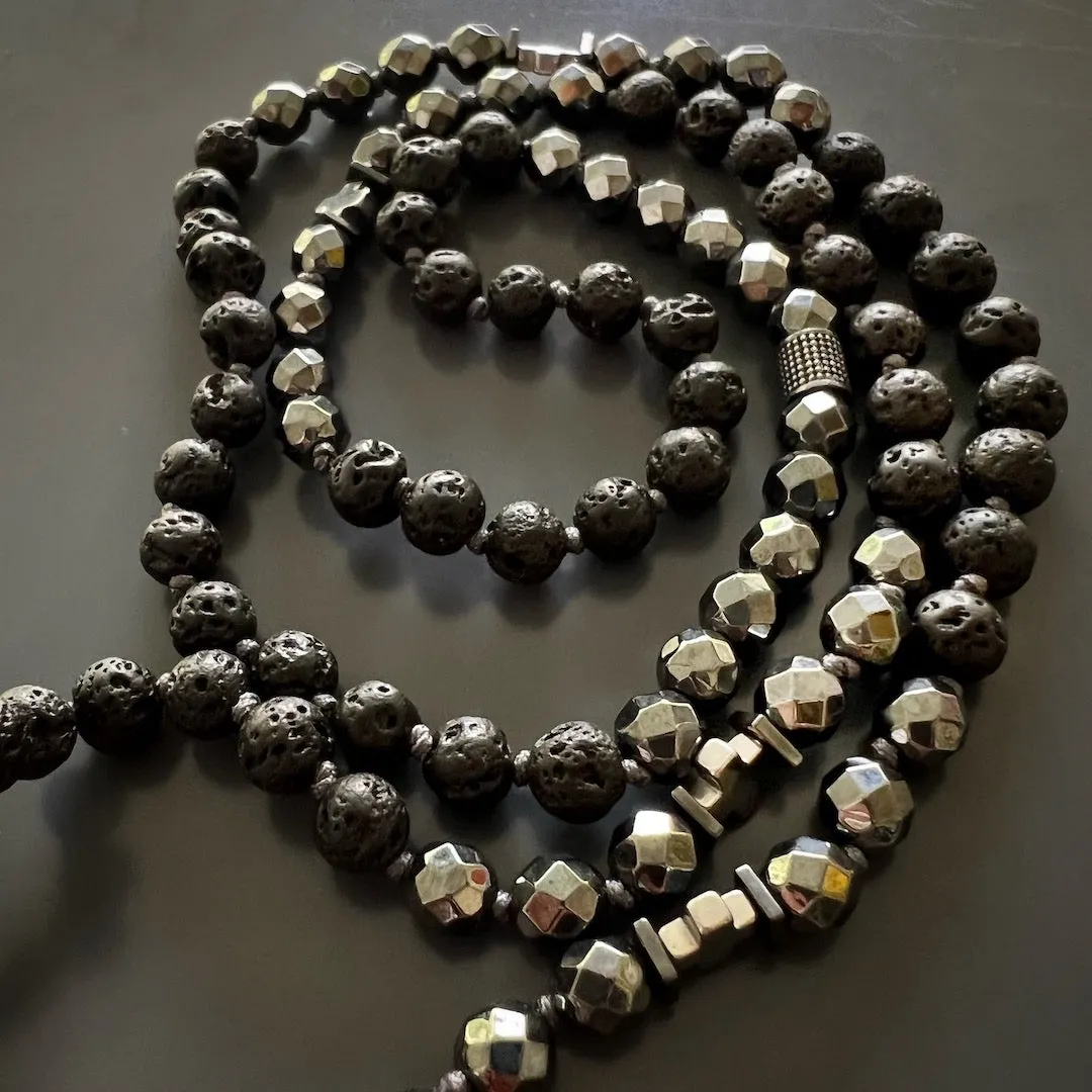 Silver Skull Pendant Black Lava Rock Stone Beaded Necklace