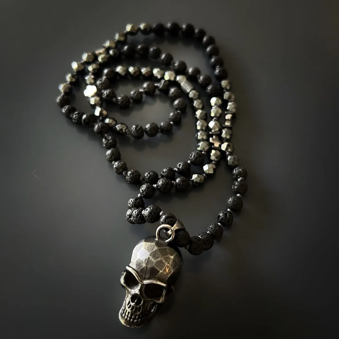 Silver Skull Pendant Black Lava Rock Stone Beaded Necklace