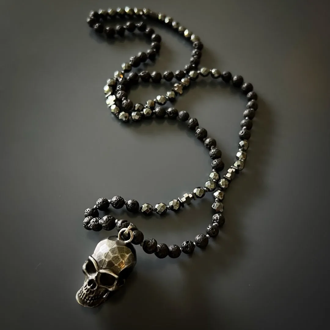 Silver Skull Pendant Black Lava Rock Stone Beaded Necklace
