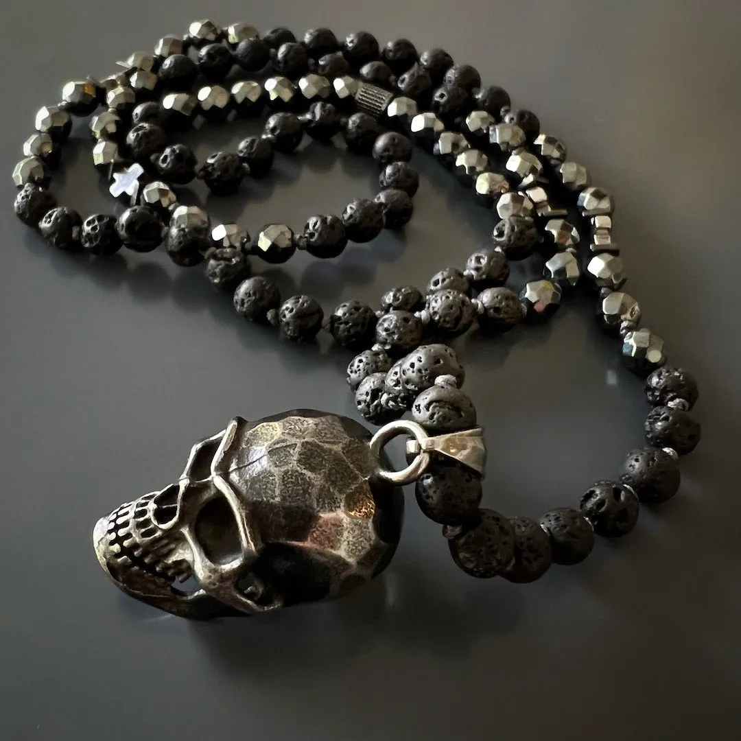 Silver Skull Pendant Black Lava Rock Stone Beaded Necklace