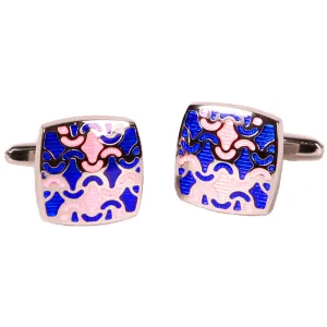 Silvertone Blue/Orange Geometric Pattern Cufflinks with Jewelry Box