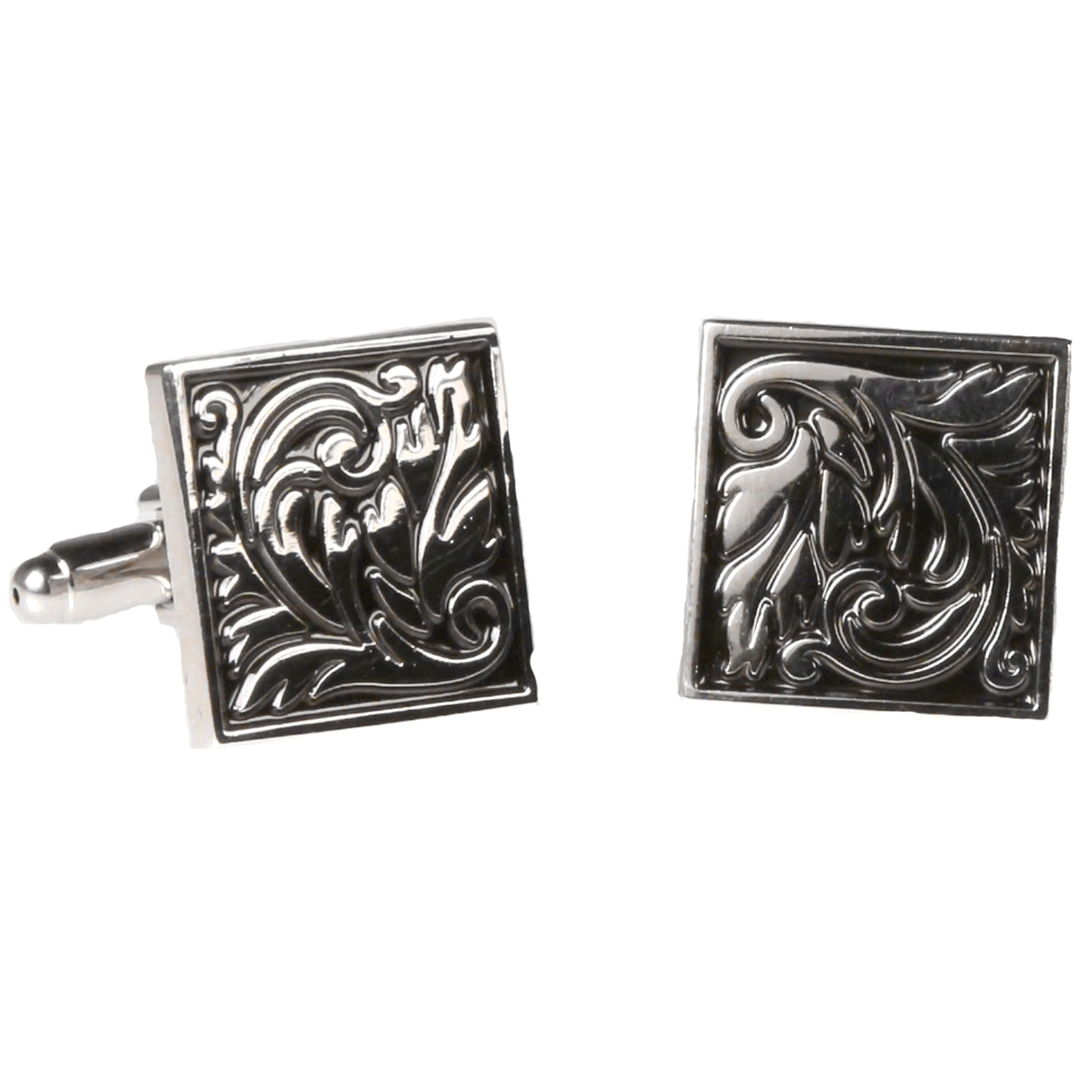 Silvertone Square Geometric Pattern Cufflinks with Jewelry Box