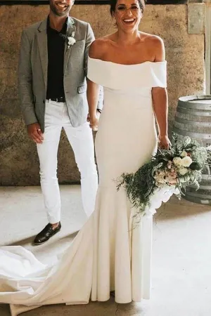 Simple Ivory Mermaid Off-the-Shoulder Wedding Dresses, Bridal Gowns, MW696