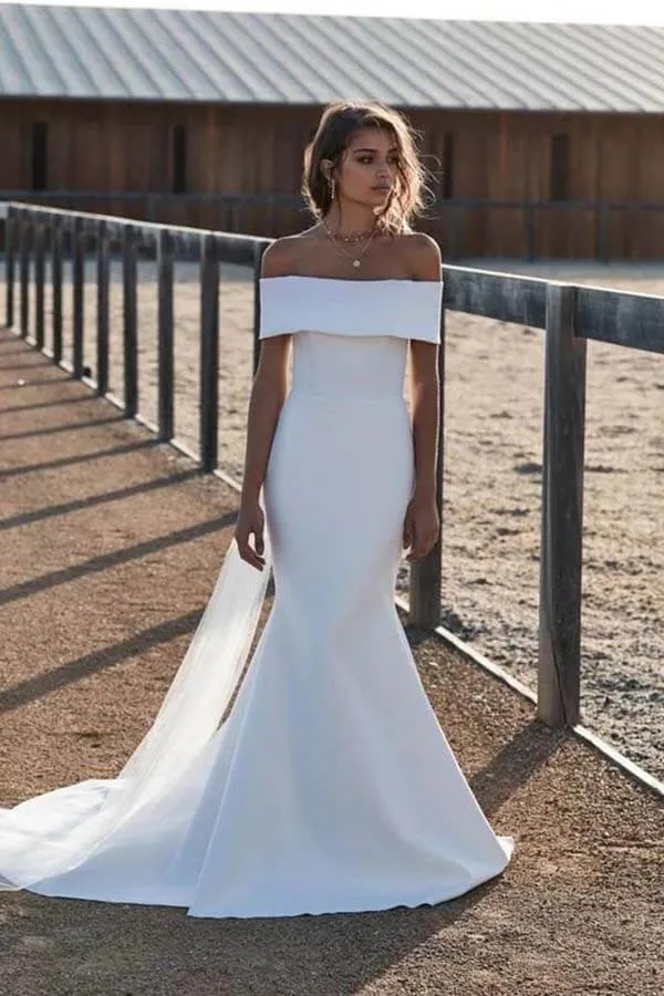 Simple Ivory Mermaid Off-the-Shoulder Wedding Dresses, Bridal Gowns, MW696