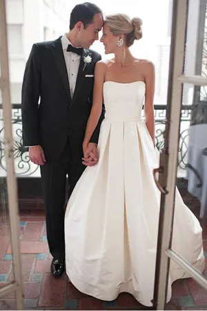 Simple Ivory Satin Sweetheart Strapless Wedding Dress With Court Train, MW532