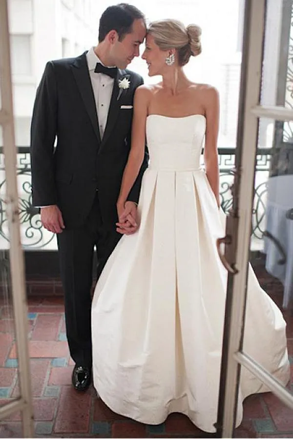Simple Ivory Satin Sweetheart Strapless Wedding Dress With Court Train, MW532