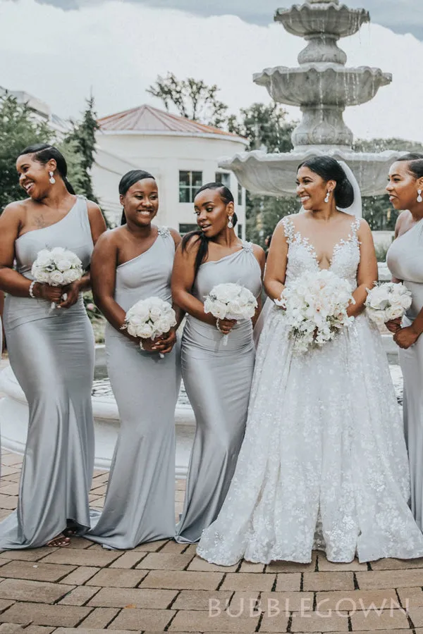 Simple One Shoulder Silver Grey Satin Mermaid Cheap Long Custom Bridesmaid Dresses , BGB0053