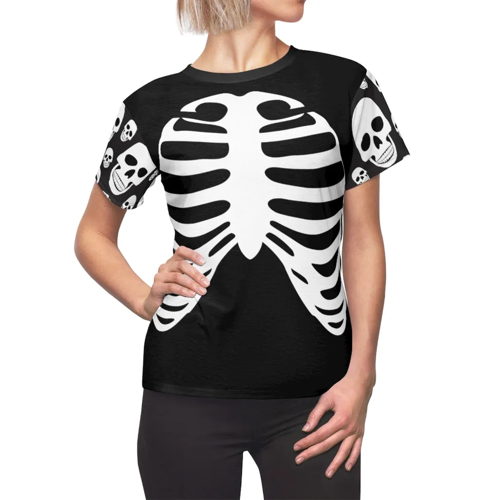 Skeleton Ribs on Black Women's T-Shirt With Skull Sleeves