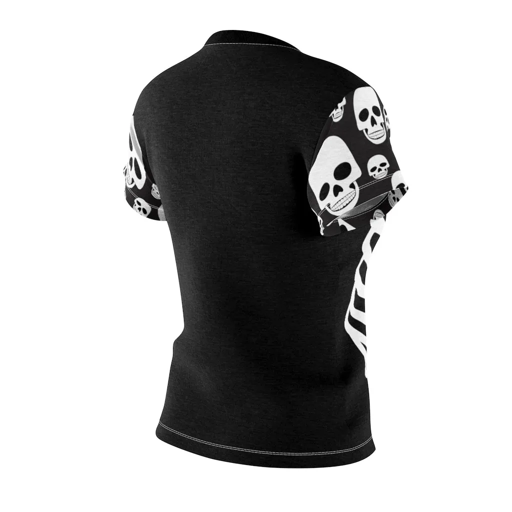 Skeleton Ribs on Black Women's T-Shirt With Skull Sleeves