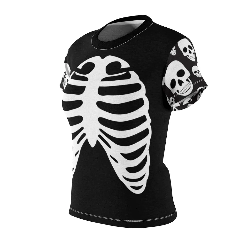 Skeleton Ribs on Black Women's T-Shirt With Skull Sleeves