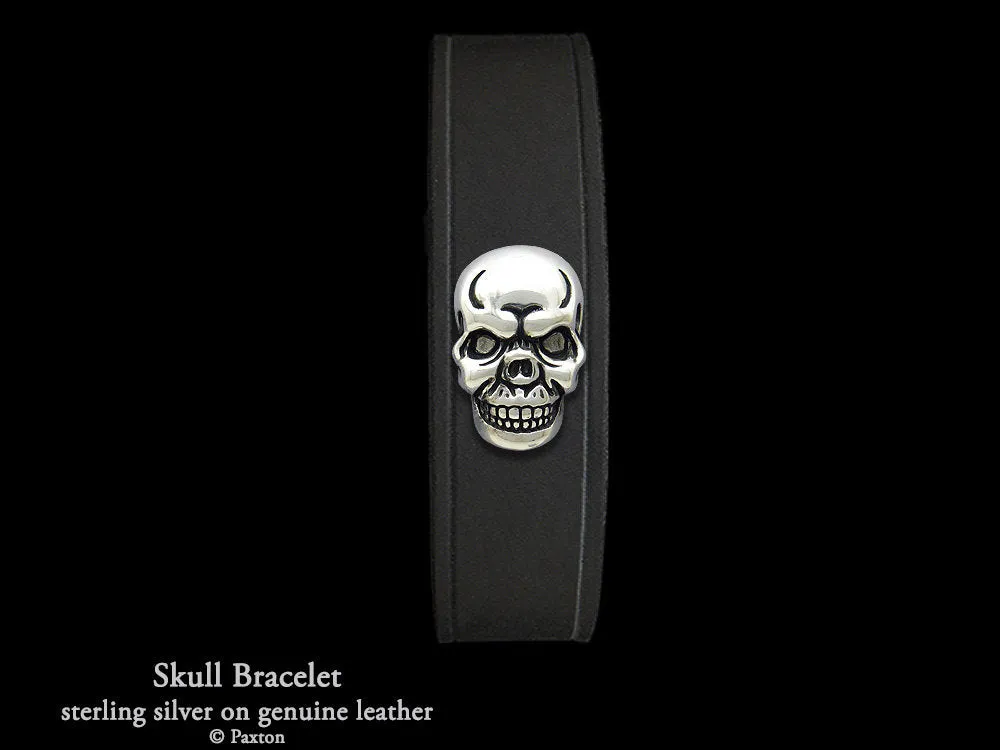 Skull Bracelet Sterling Silver on Genuine Leather