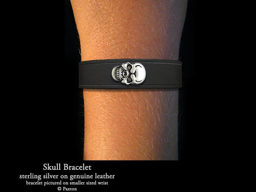 Skull Bracelet Sterling Silver on Genuine Leather