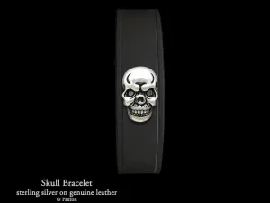 Skull Bracelet Sterling Silver on Genuine Leather