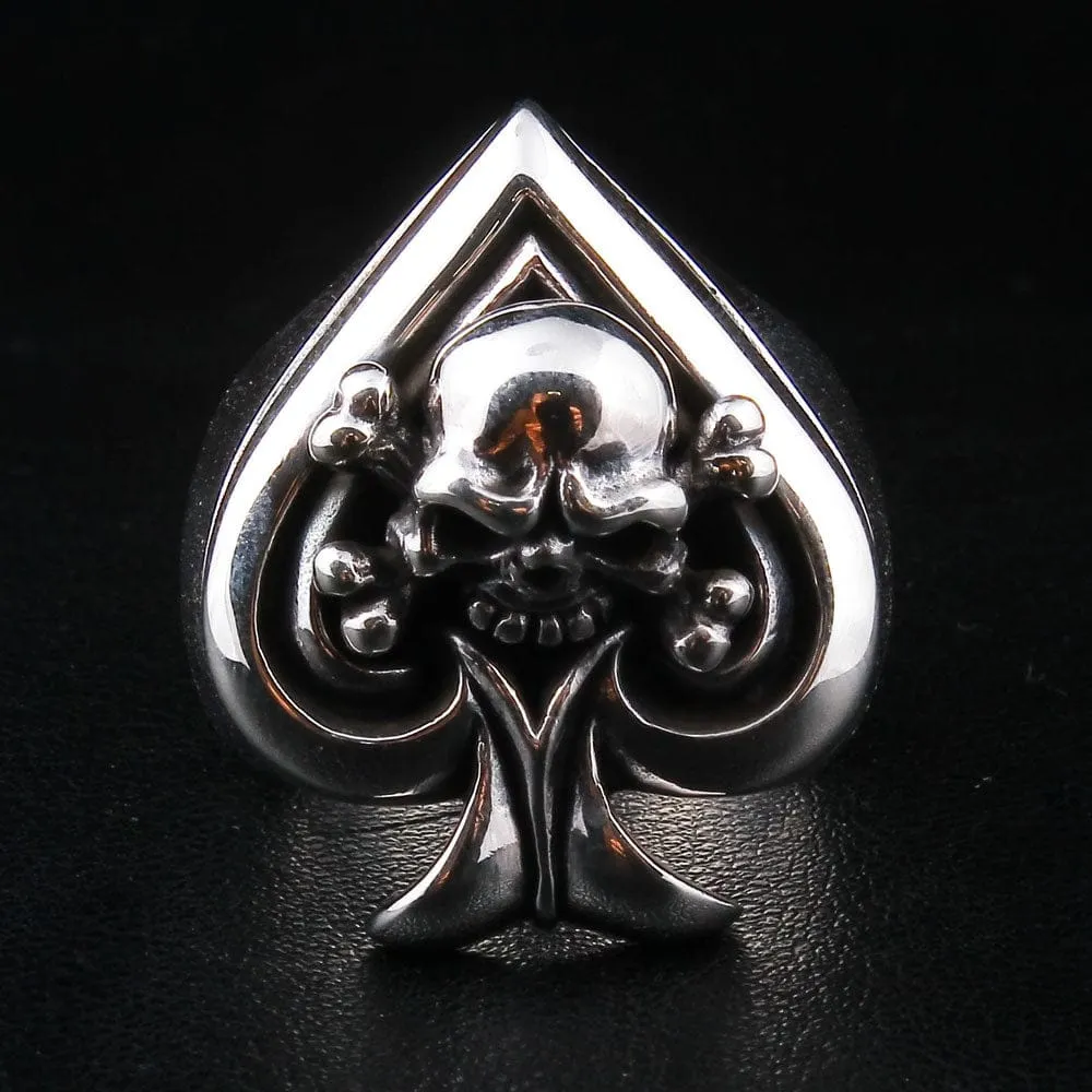 Skull Crossbones Spade Sterling Silver Biker Ring