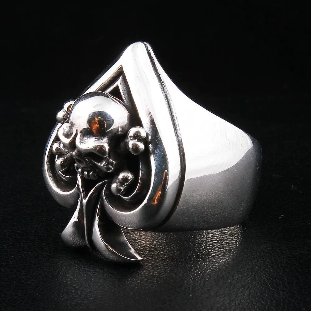 Skull Crossbones Spade Sterling Silver Biker Ring