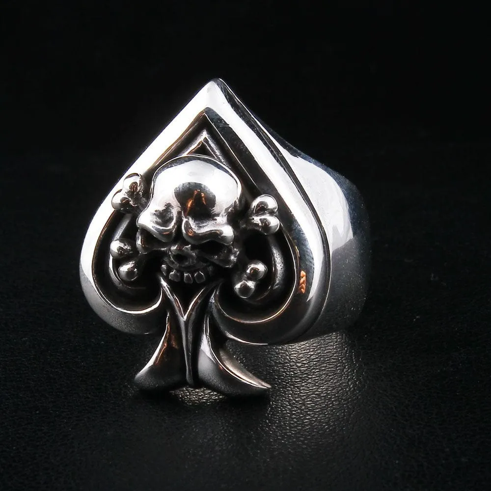 Skull Crossbones Spade Sterling Silver Biker Ring