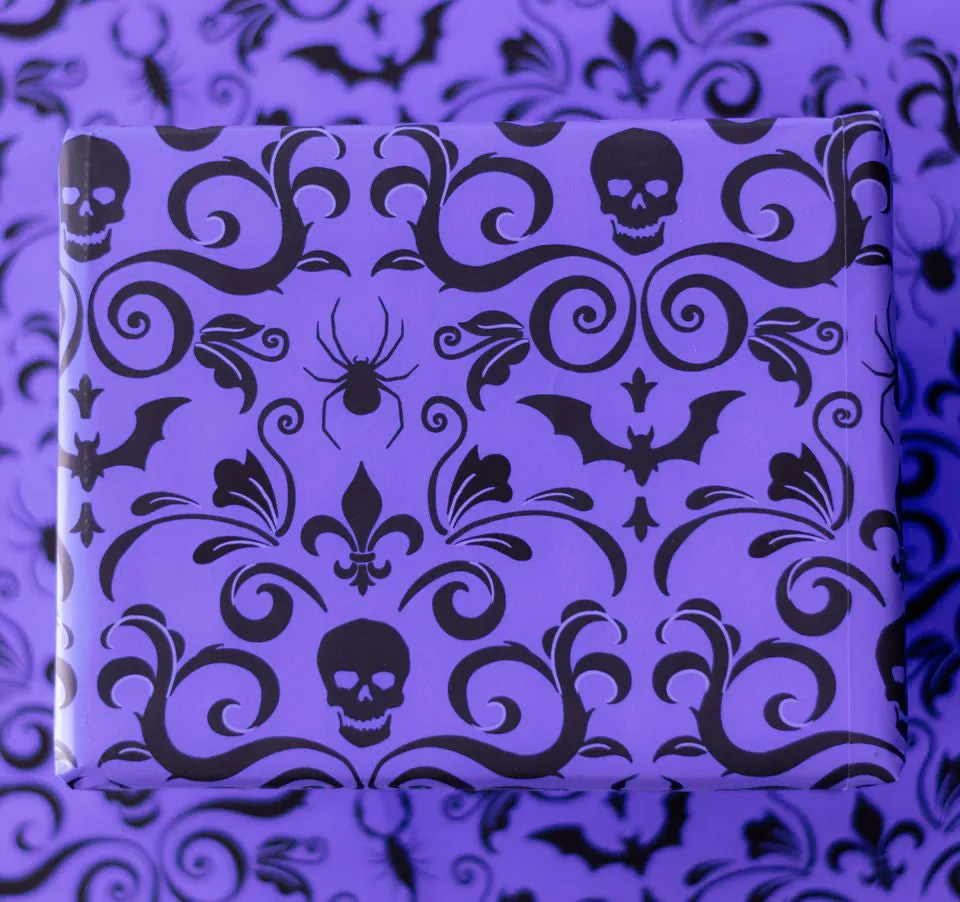 Skull Damask Gift Wrap - Purple (8ft Roll)