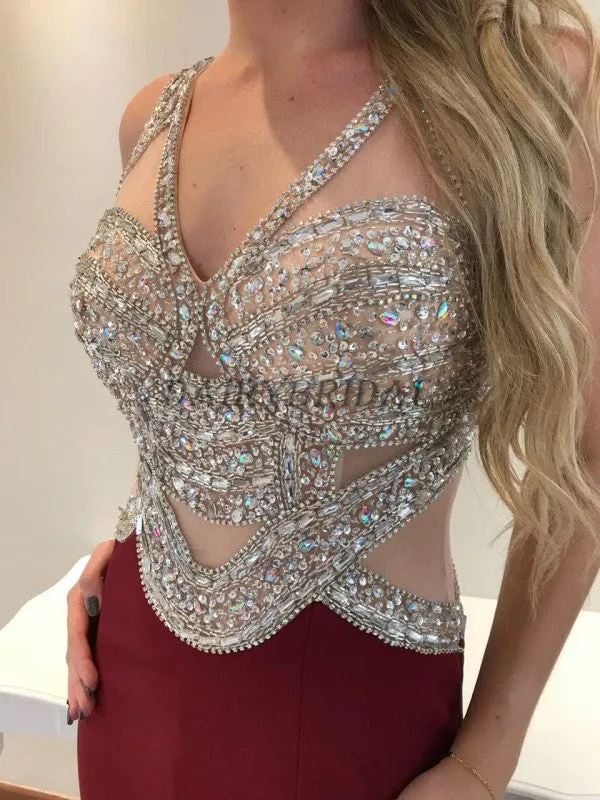 Sleeveless Prom Dress, Tulle Prom Dress, Beaded Prom Dress, Burgundy Prom Dress, Side Split Prom Dress, Floor-Length Prom Dress, D62