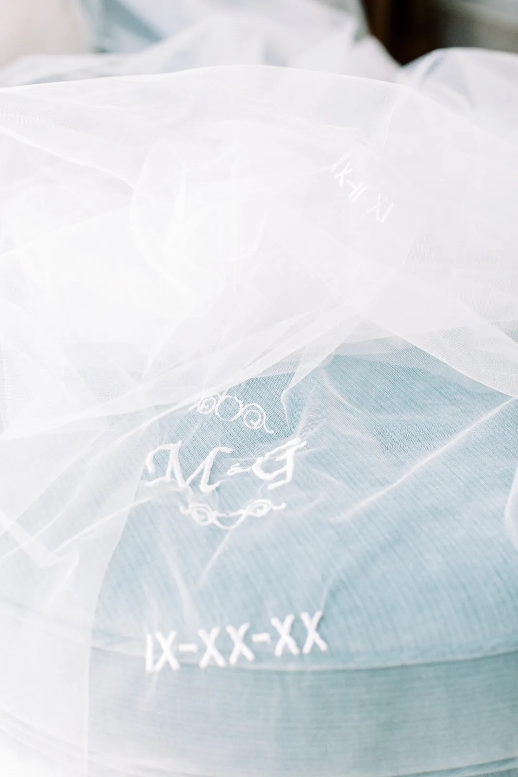 Small Embroidered Monogrammed Initials, Name, Date on Wedding Veil | Intertwined Hearts