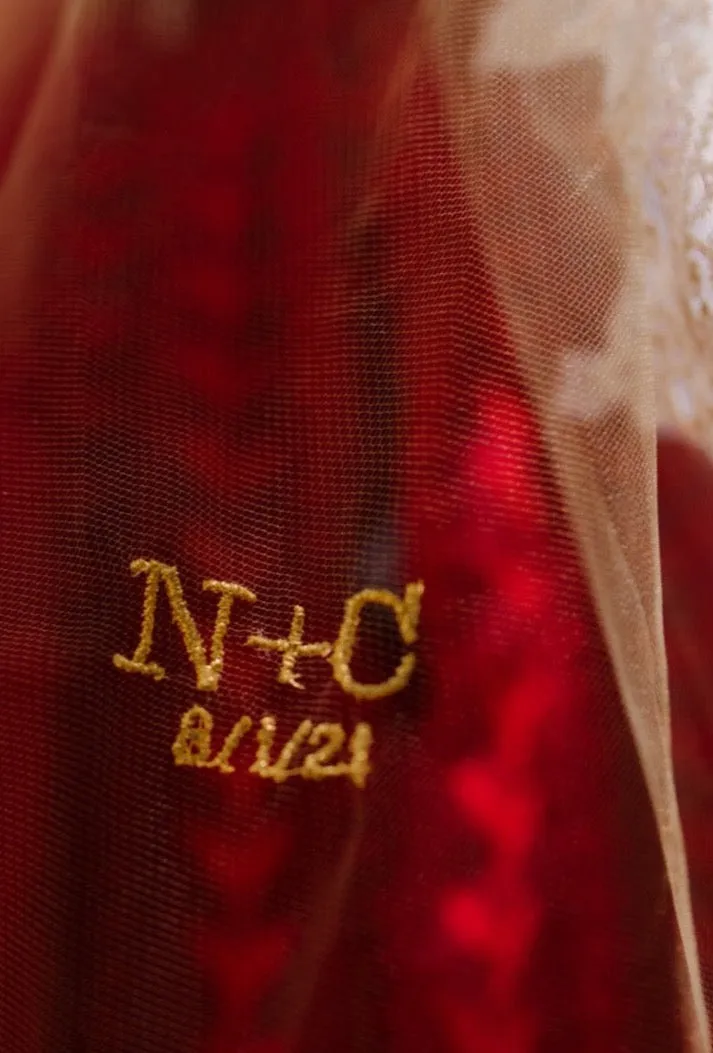 Small Embroidered Monogrammed Initials, Name, Date on Wedding Veil | Intertwined Hearts
