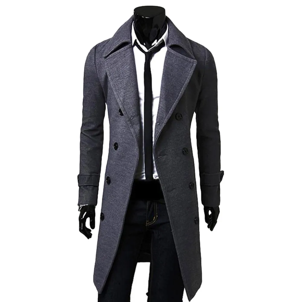 Solid Color Long Woolen Coat Casual Business Jacket Outwear for Men