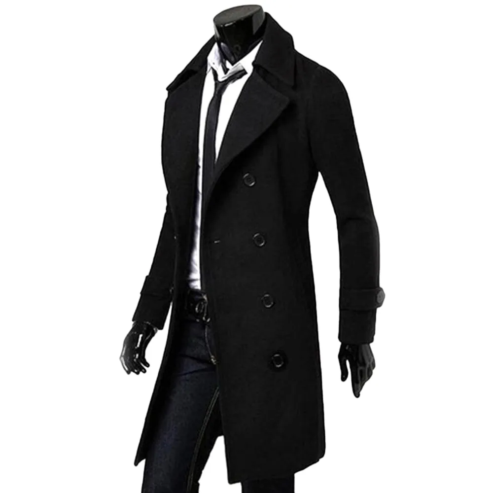 Solid Color Long Woolen Coat Casual Business Jacket Outwear for Men