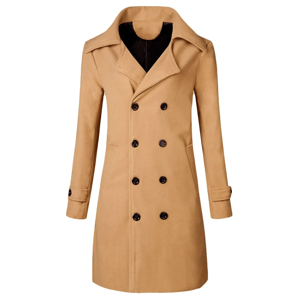 Solid Color Long Woolen Coat Casual Business Jacket Outwear for Men